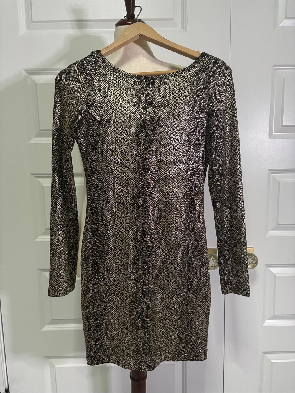 Teeze Me Metallic Gold and Black Snake-Print Long Sleeve Dress